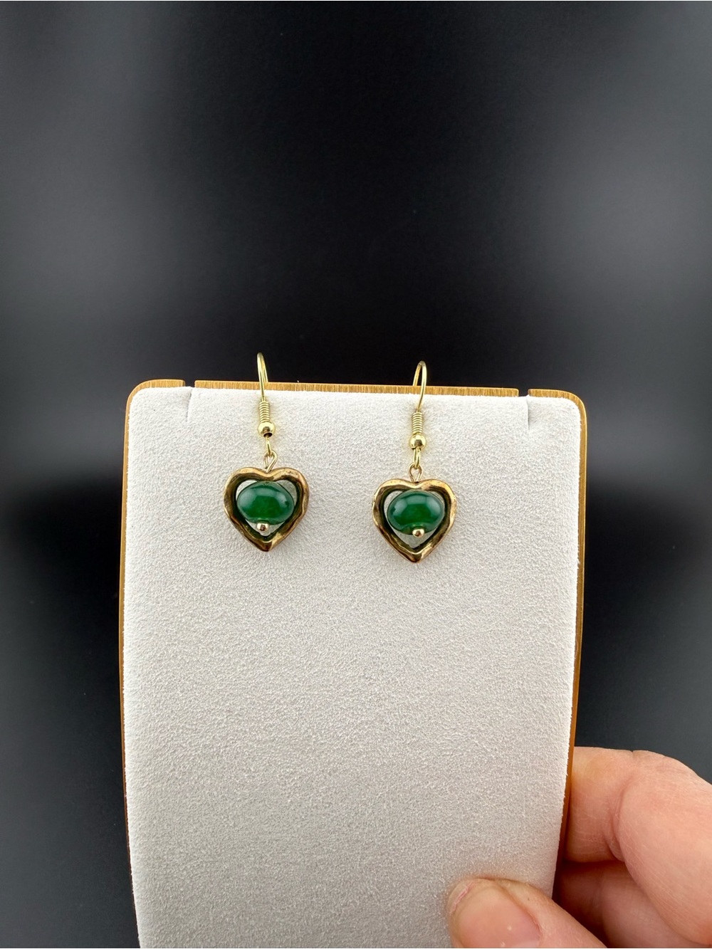 Gold Heart Drop Earrings with Green Cabochon